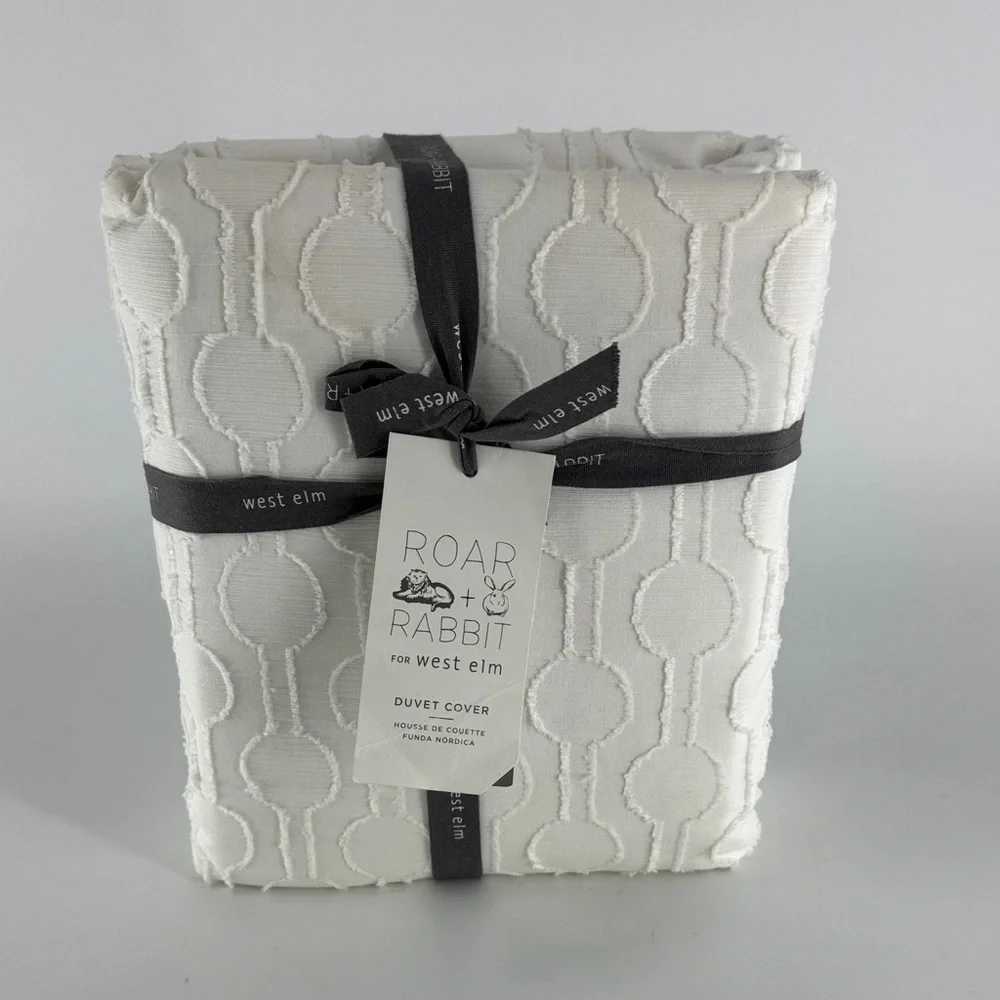 West Elm Roar & Rabbit Circle Lattice Jacquard Duvet Cover White Full/Queen NWT